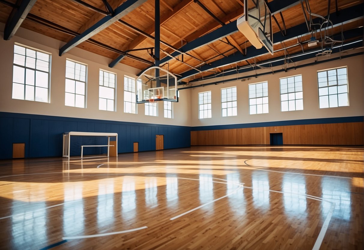 A basketball gym with hardwood floors, hoops, and bleachers. Cost estimates and blueprints displayed on a table. Materials like wood, metal, and glass are visible