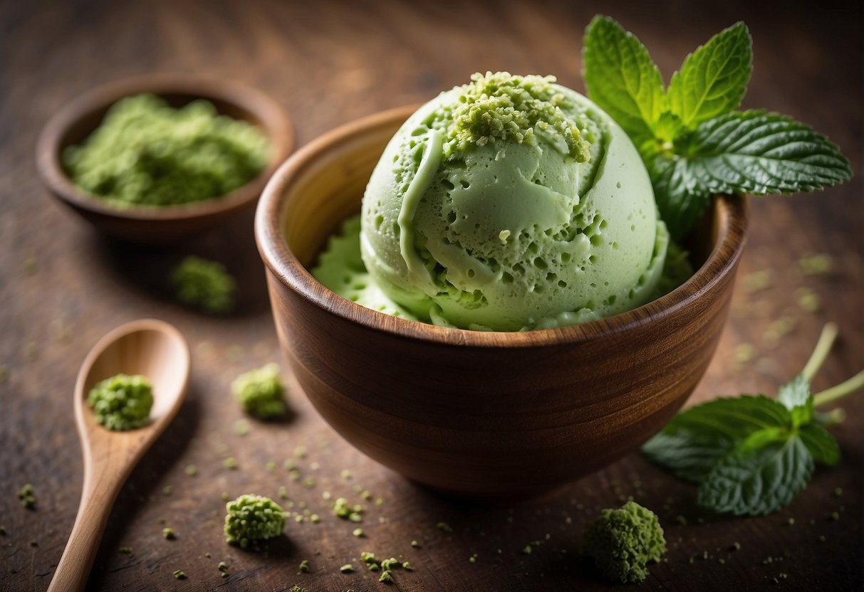 A scoop of green keto matcha ice cream sits in a small bowl, garnished with a sprinkle of matcha powder and a fresh mint leaf