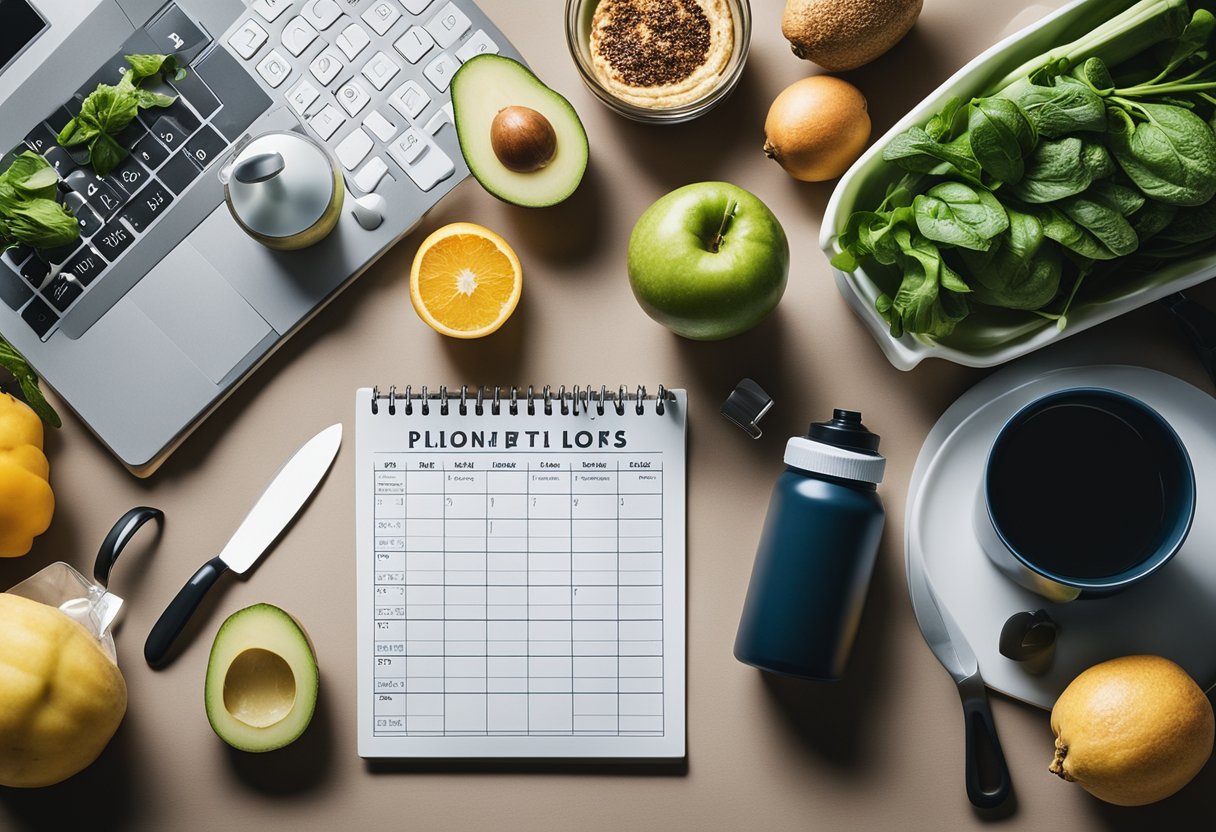 Long-Term Appetite Management: A kitchen counter with a variety of healthy foods and portion control tools, a water bottle, and a meal planning calendar