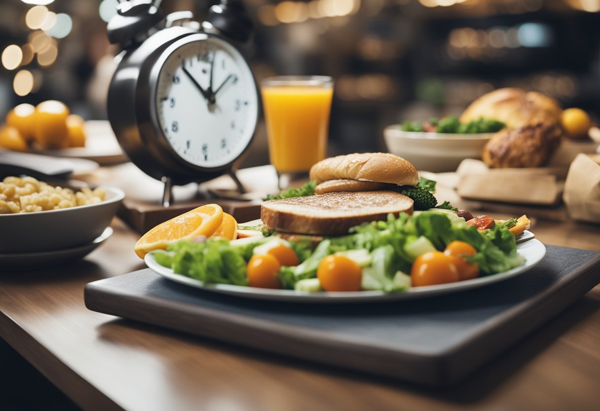 Long-Term Appetite Management: A table with a balanced meal, a person exercising, a clock showing different times, a grocery store with healthy options, and a person sleeping peacefully