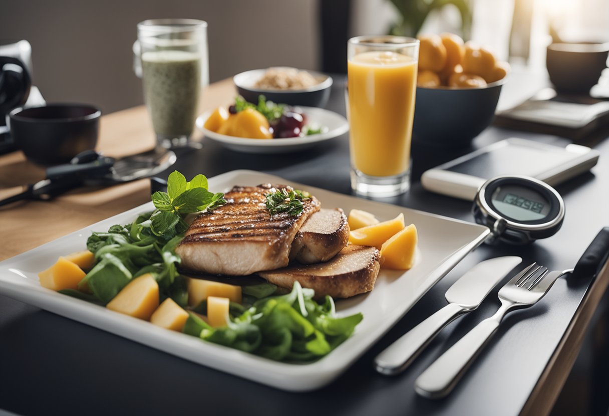 Long-Term Appetite Management: A table with balanced meals and portion control, surrounded by exercise equipment and a journal for tracking progress