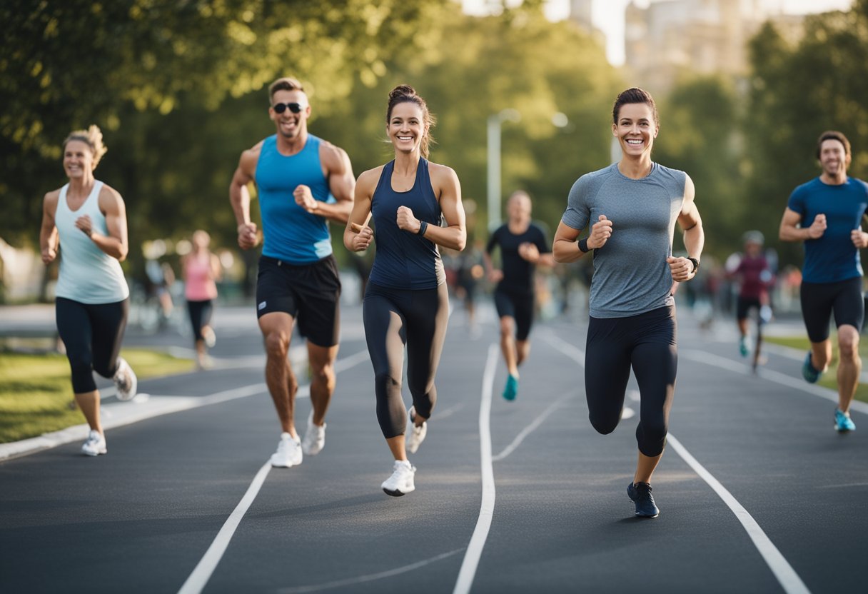 Long-Term Appetite Management: People engaging in various physical activities: running, swimming, cycling, and yoga. Healthy food options in the background. A balanced lifestyle