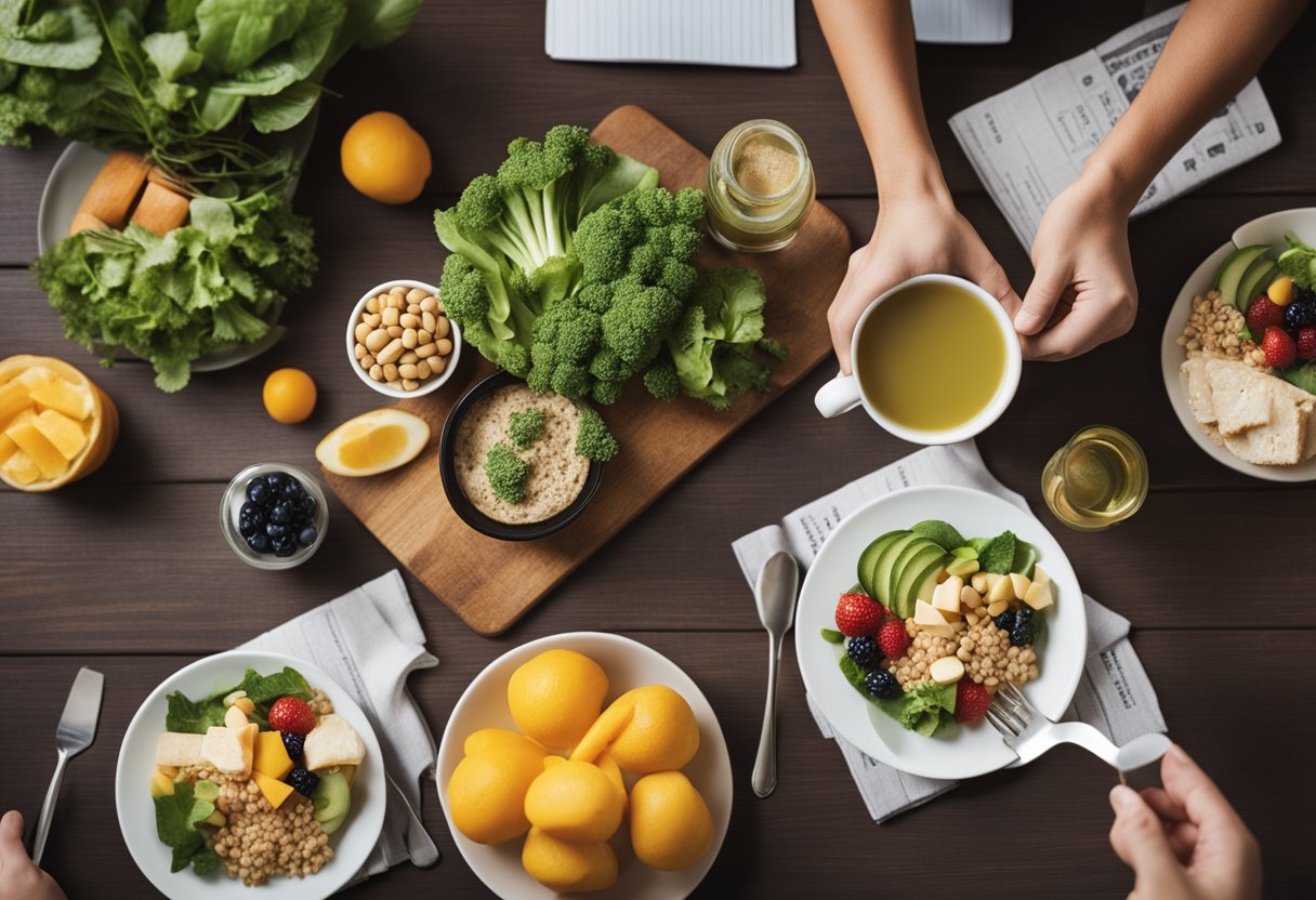 Long-Term Appetite Management: A table with healthy food options and a person engaging in physical activity, surrounded by motivational quotes and positive affirmations