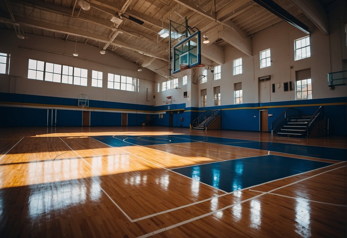 A basketball court with regulation dimensions, markings, and hoops. Estimated cost to build a gym is $1-3 million