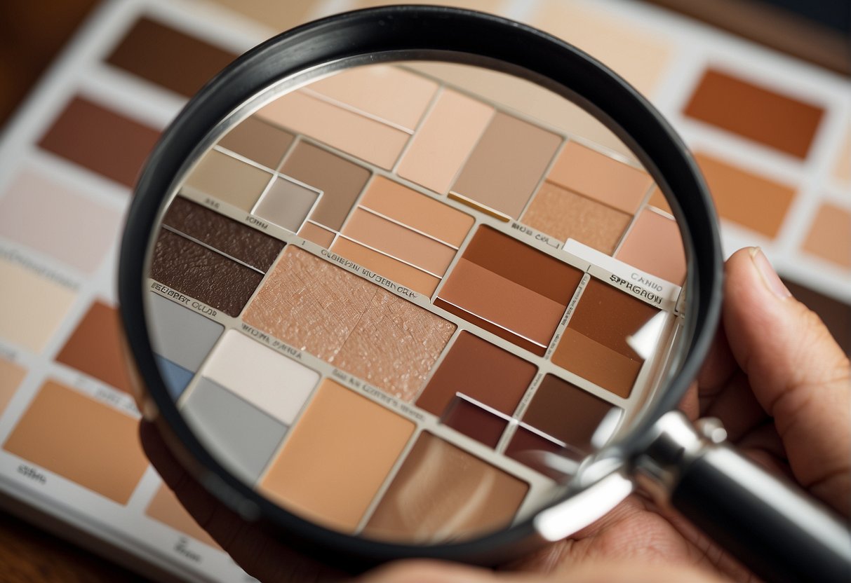 A magnifying glass hovers over various swatches of skin, each labeled with different skin types, while a person looks on in curiosity