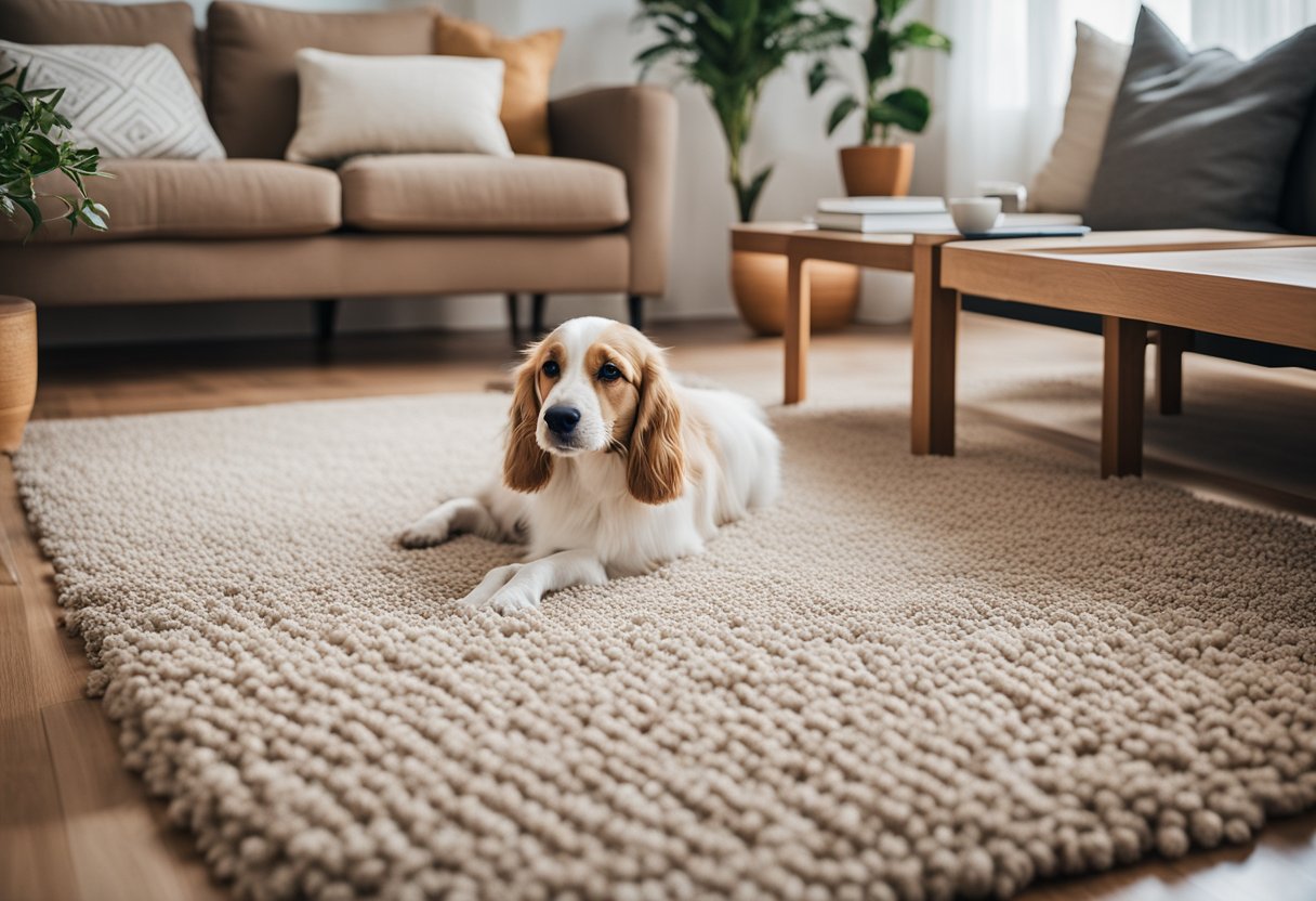 A cozy living room with pet-friendly furniture and non-toxic plants. A durable, easy-to-clean rug and pet-safe toys scattered around