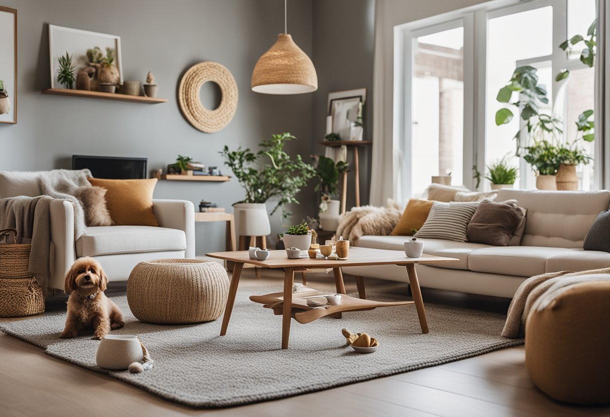 A cozy living room with pet-friendly furniture, toys scattered on the floor, and a designated feeding area with bowls and a comfortable bed for the furry friend