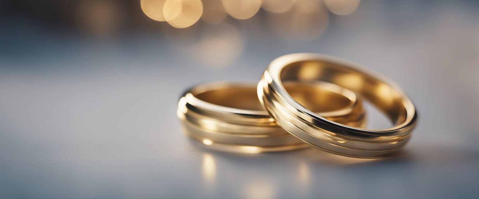 Two intertwined golden rings floating in a beam of soft, ethereal light