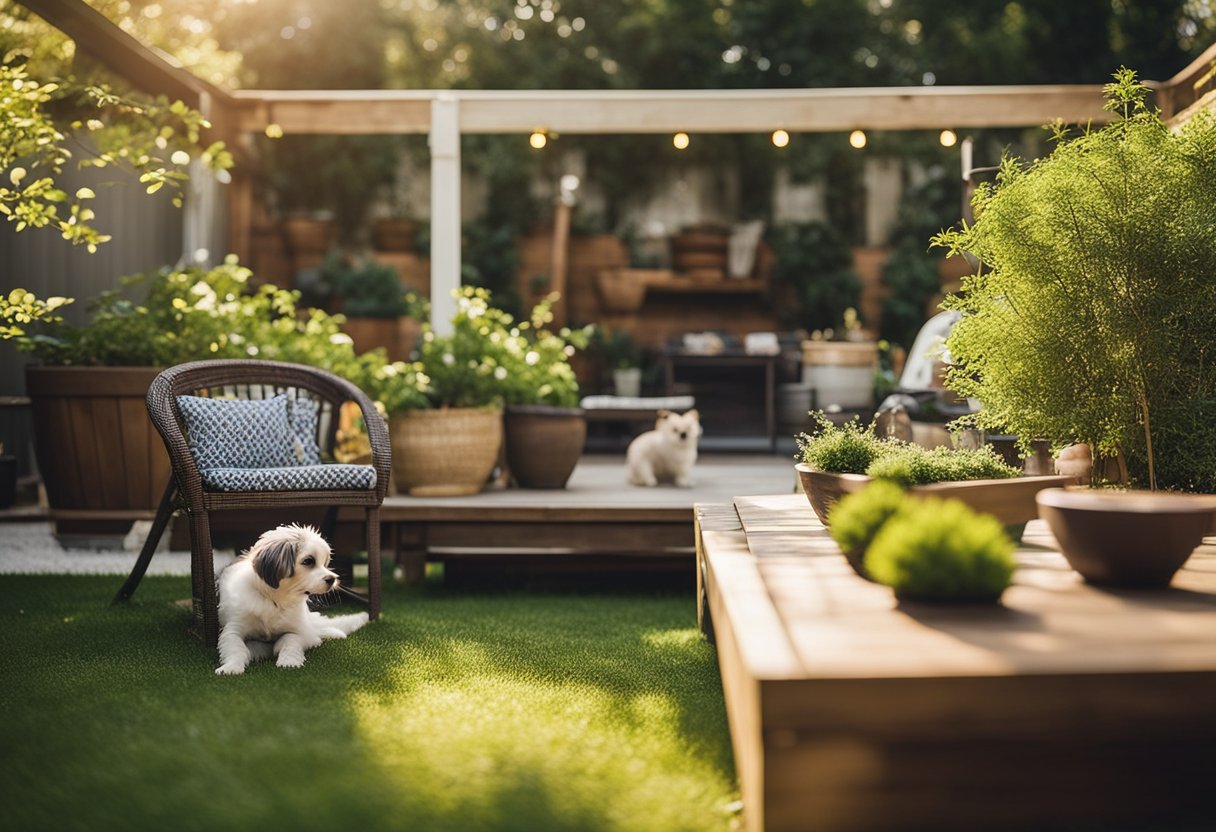 A sunny backyard with a fenced-in area, pet-friendly plants, and non-toxic outdoor furniture. A shaded spot with a water bowl and toys for pets to play with