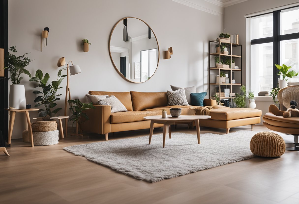 A tidy living room with pet toys and a cozy bed, surrounded by pet-friendly furniture and easy-to-clean surfaces