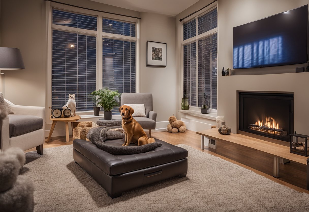 A cozy living room with pet-friendly furniture and toys. A dog bed sits by the fireplace, while a cat tree stands in the corner