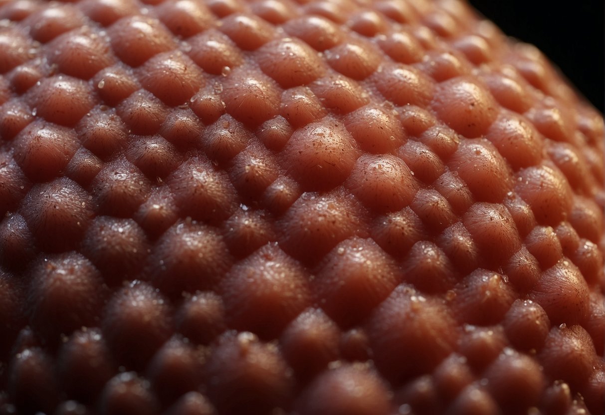 The skin shows red, scaly patches with bumps and blisters, possibly oozing or crusted over