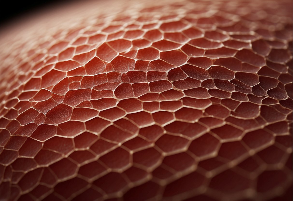 A red, itchy rash with small raised bumps and thin, wavy lines on the skin, resembling a web-like pattern