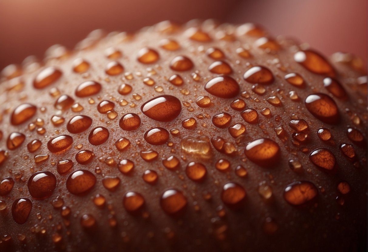 A red, bumpy rash covers the skin, with visible burrows and small blisters. It appears inflamed and itchy