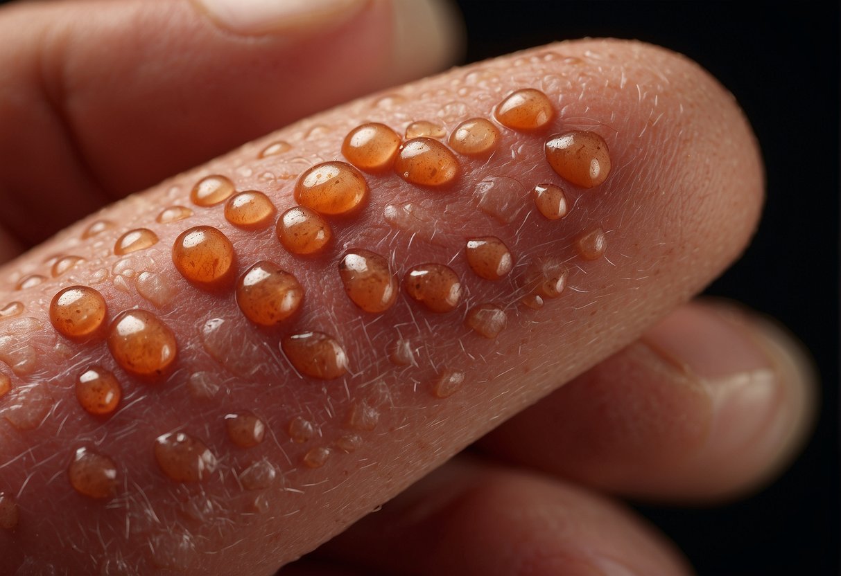 The scene shows a close-up of inflamed, red and itchy skin with visible rash and small bumps, characteristic of scabies