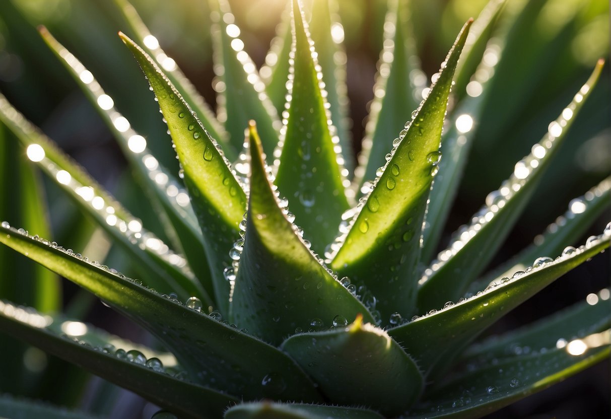 Aloe vera soothes and hydrates the skin, with its succulent leaves glistening in the sunlight, surrounded by small droplets of moisture