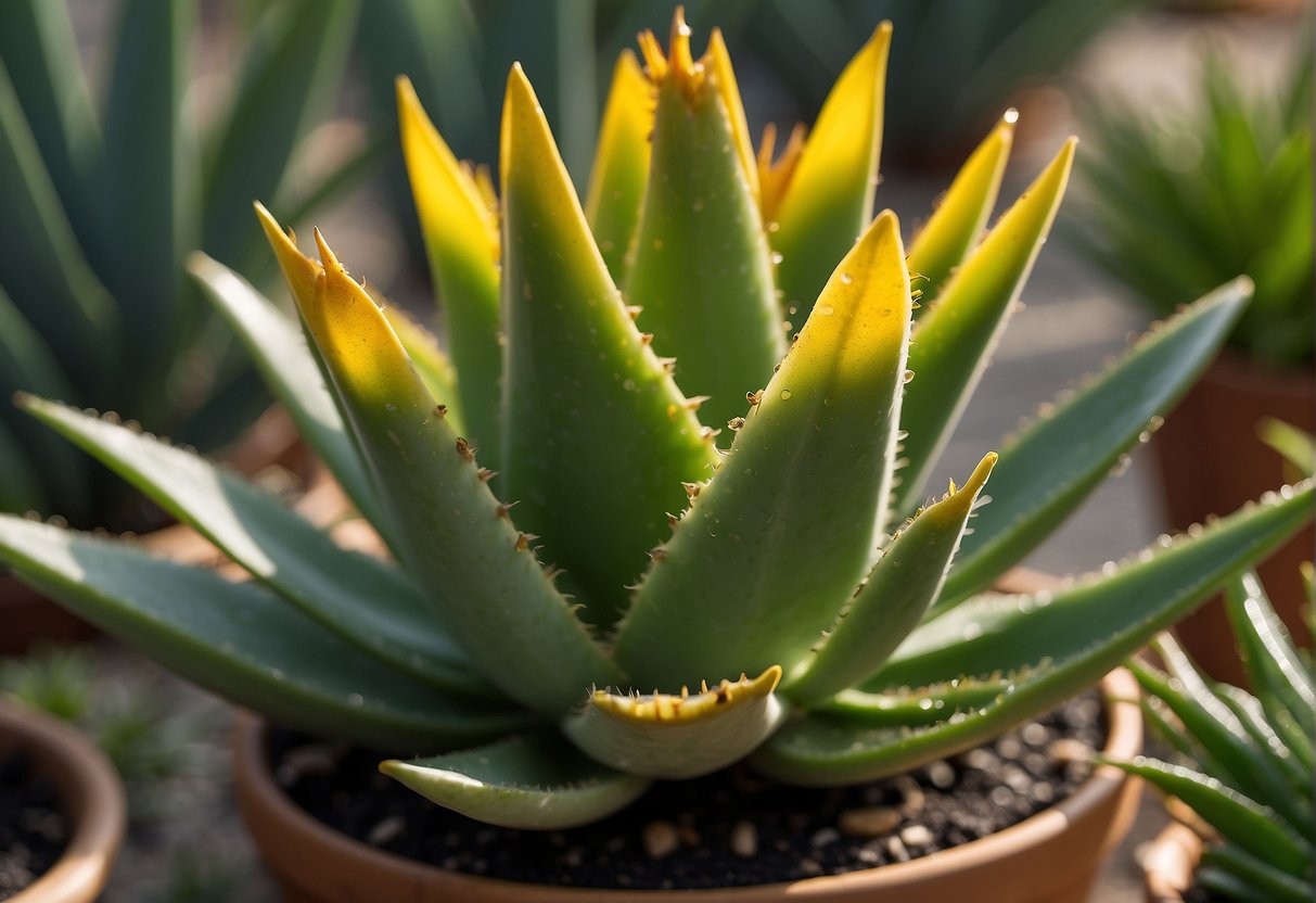 Aloe vera plant with thick, fleshy leaves and yellow tubular flowers, surrounded by clear gel oozing from the cut leaves