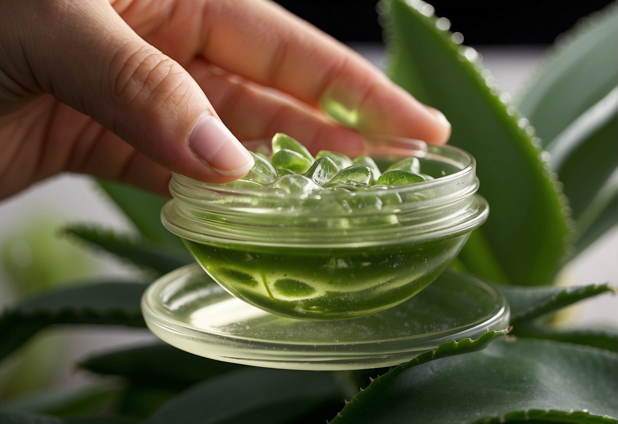 Aloe vera plant with leaves and gel, skincare products, and a person applying aloe vera gel on their skin