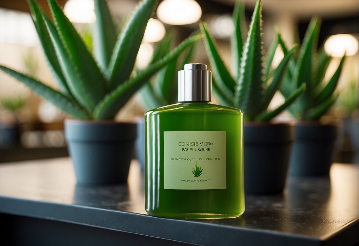 Aloe vera plant with a label "Frequently Asked Questions: para que sirve el aloe vera en la piel" displayed in a skincare store