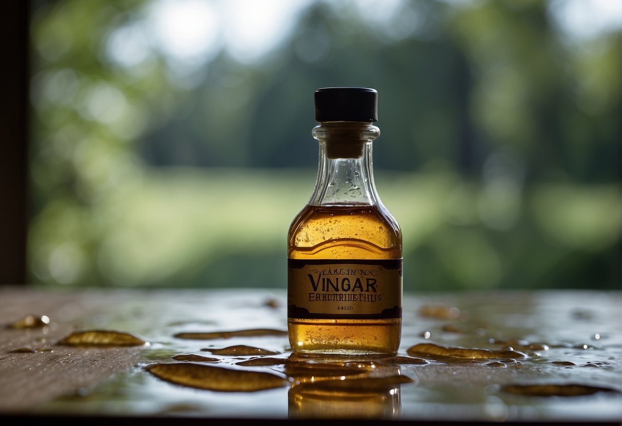 A bottle of vinegar spills, corroding a surface