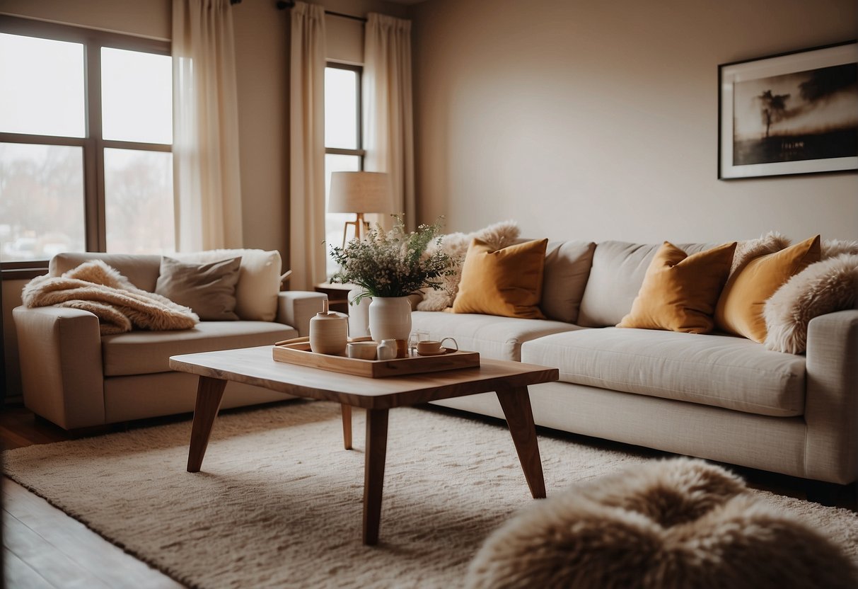 A cozy living room with modern furniture, soft lighting, and a warm color palette. A large, inviting sofa sits in the center, surrounded by plush cushions and a fluffy throw blanket