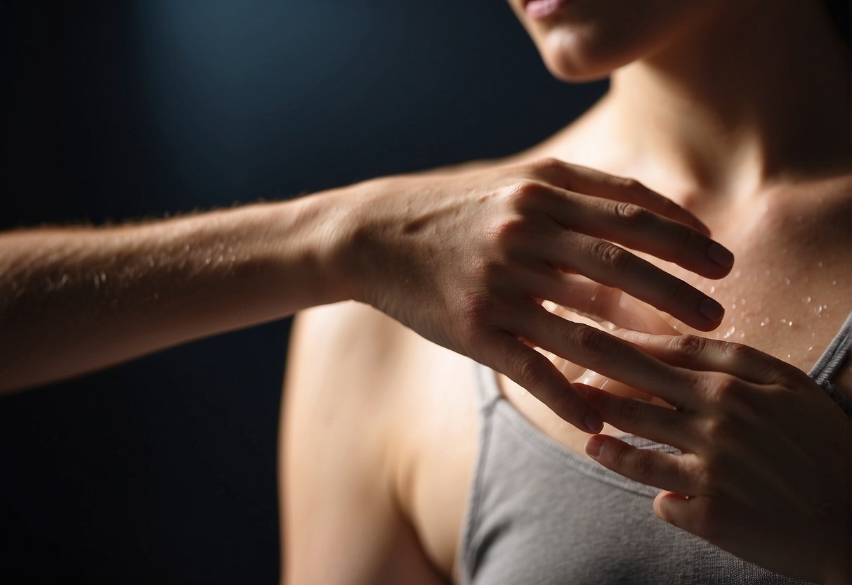 A person scratching their skin intensely. Redness and irritation are visible. A bottle of lotion sits nearby