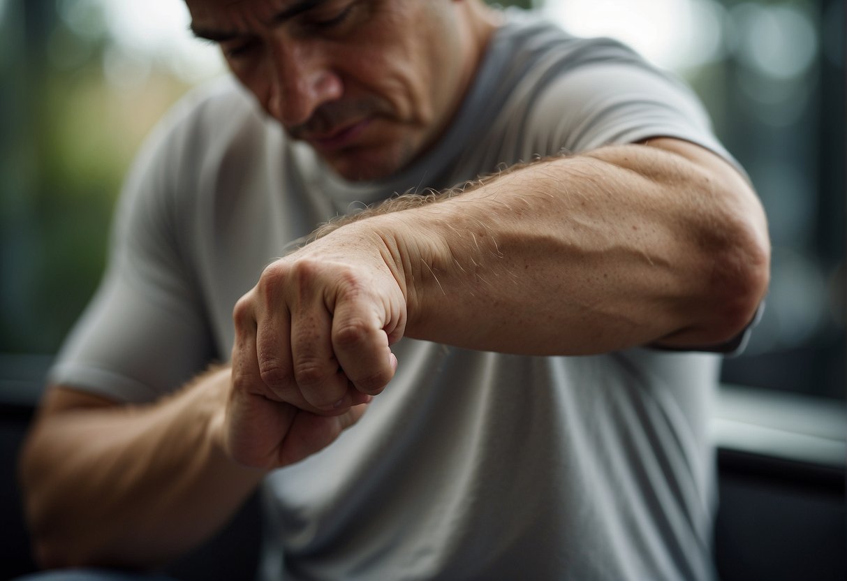A person scratching their itchy skin with a distressed expression
