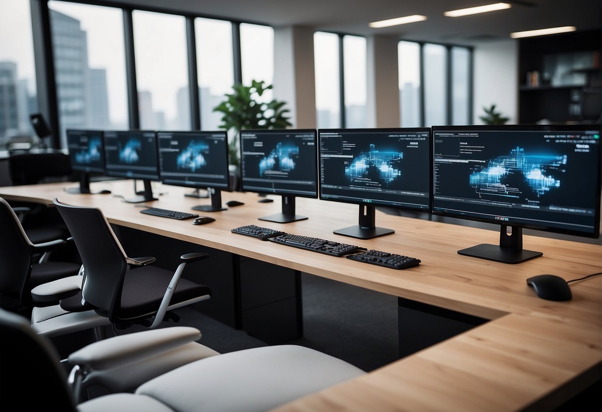 A sleek, modern office space with computers and desks, showcasing the ComfyUI software interface on multiple screens