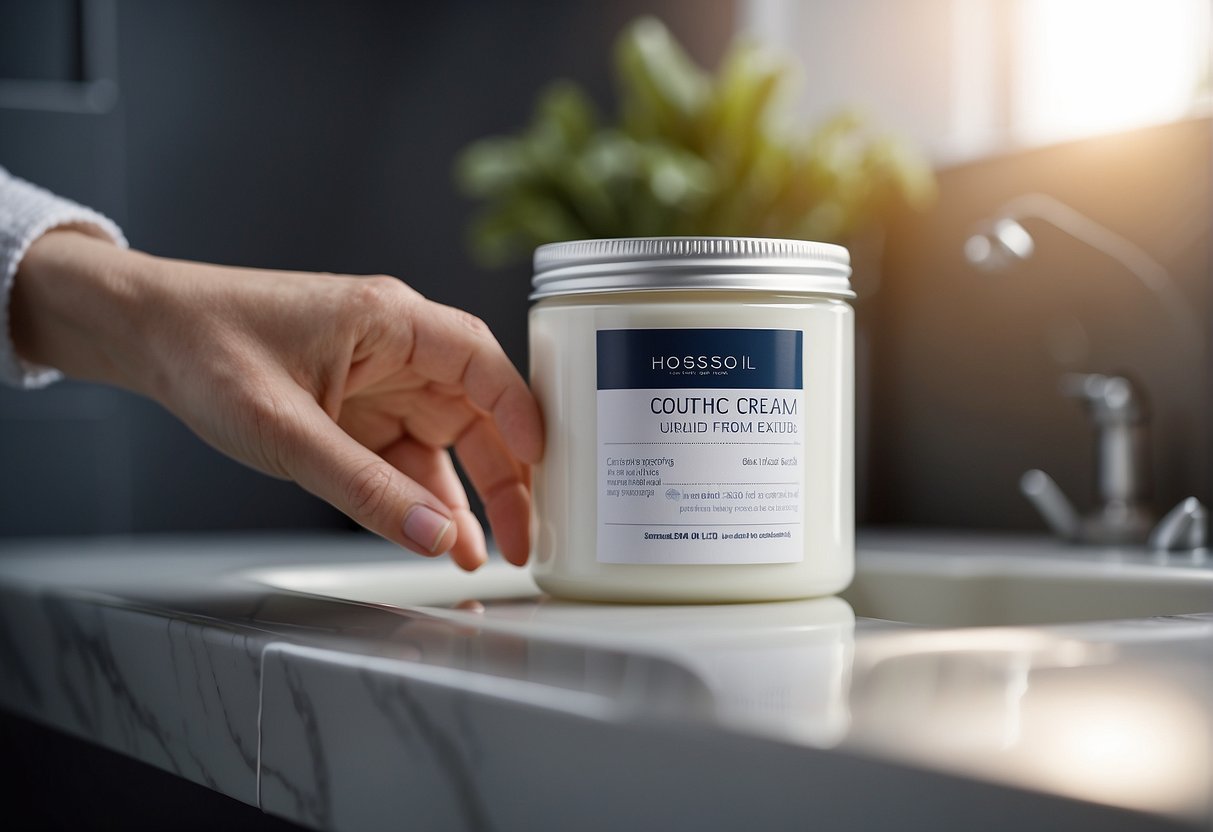A hand reaching for a jar of urea cream on a bathroom counter, with a label showing its use for moisturizing and exfoliating the skin