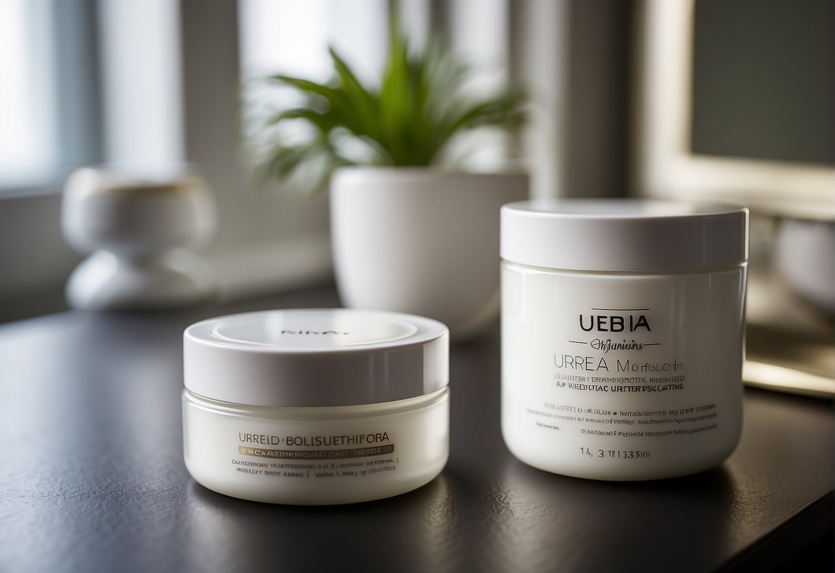 A jar of urea cream sits on a bathroom counter next to a tube of moisturizer. The label on the jar highlights the benefits and properties of urea for skin, emphasizing its moisturizing and exfoliating properties