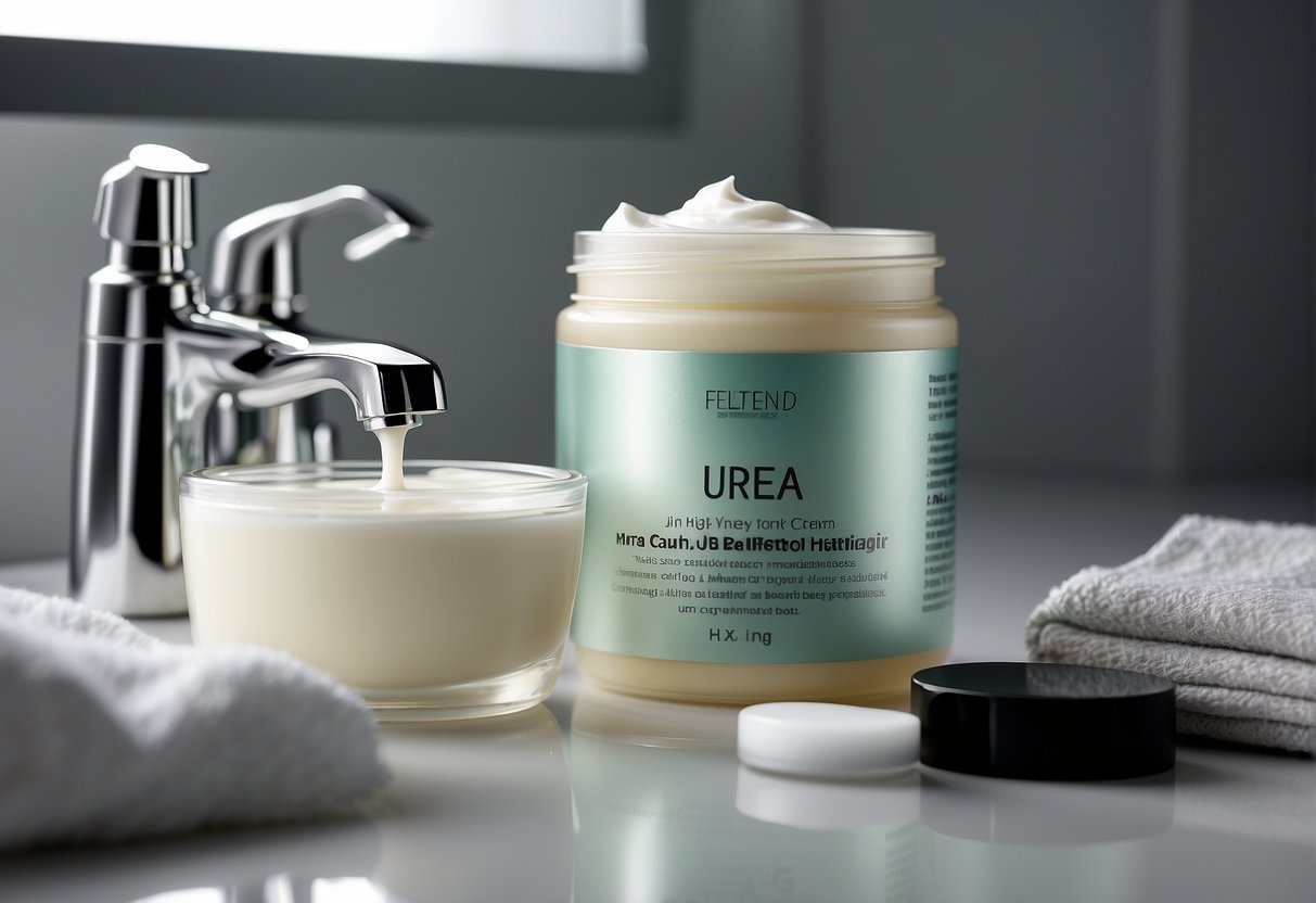 A jar of urea cream sits on a bathroom counter next to a tube of moisturizer. The cream is being applied to dry, cracked skin on the heels of a pair of feet