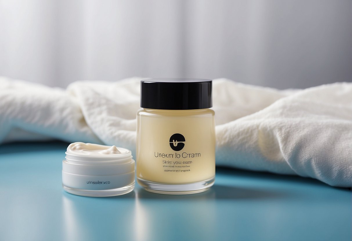 A bottle of urea cream next to a diagram of skin layers, with a question mark hovering above