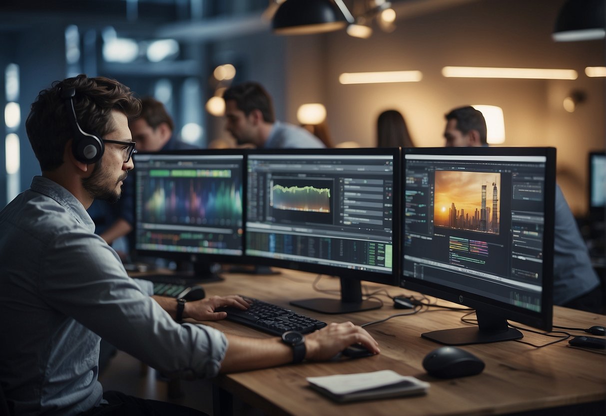 A team of designers collaborates, generating and editing ComfyUI on computer screens. Color palettes and layout options are explored