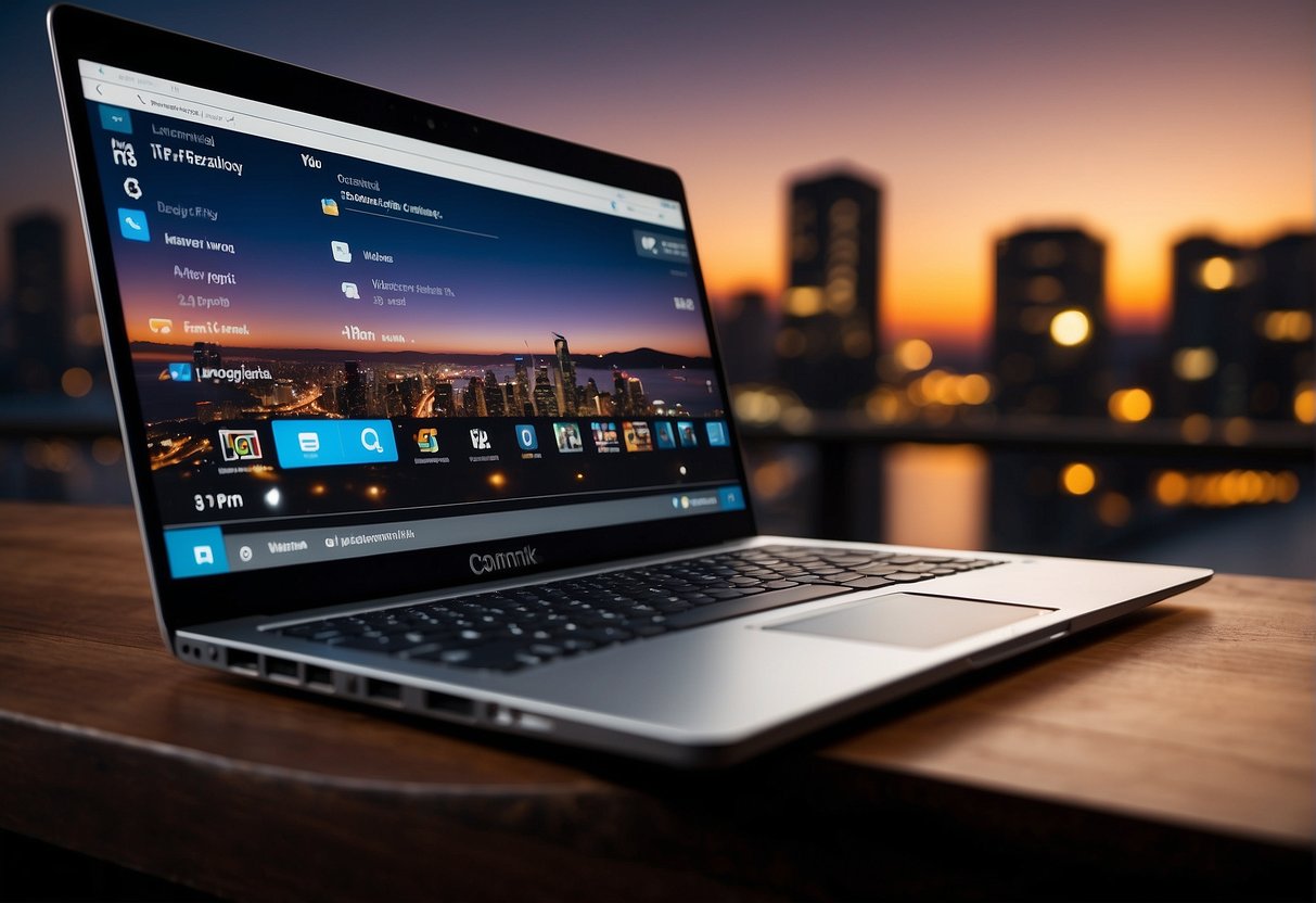 A laptop with a sleek design, displaying the ComfyUI interface. Various icons and widgets are arranged neatly, showcasing its user-friendly functionality