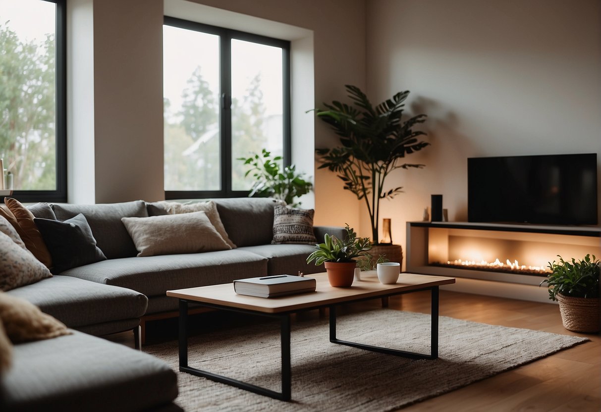 A cozy living room with warm lighting, modern furniture, and a minimalist design. A laptop and smartphone on a coffee table, with plants and art on the walls