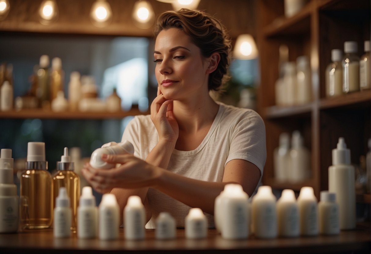 A person applies soothing cream to itchy skin, surrounded by bottles of lotion and a calming environment