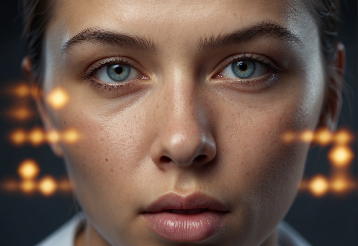 Skin itching, question marks floating around. Bright background, puzzled expressions