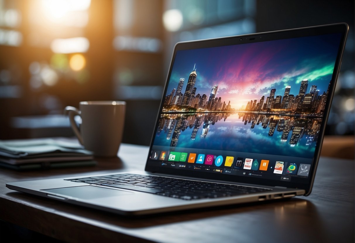 A laptop with a colorful and user-friendly interface displayed on the screen, surrounded by a variety of electronic devices and office supplies