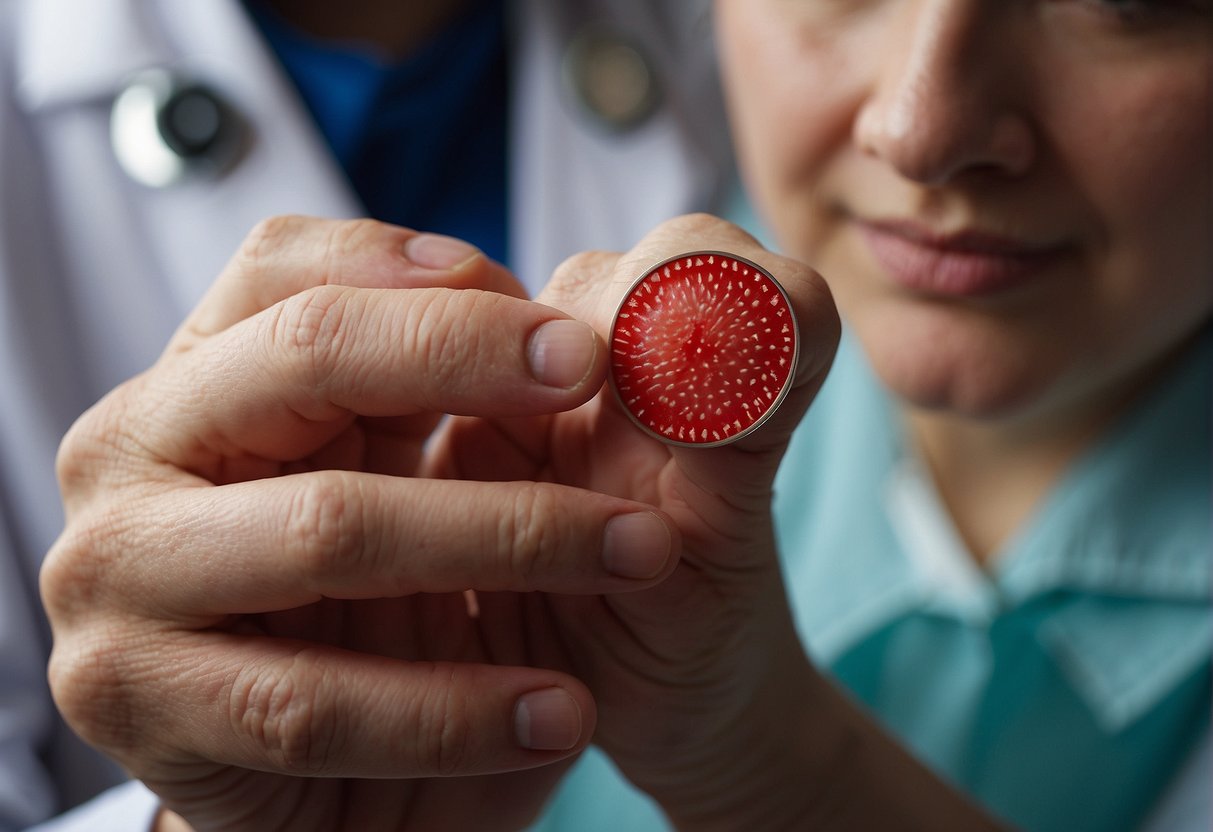 A red, inflamed patch of skin with visible dryness and itching. A doctor examining and diagnosing atopic dermatitis