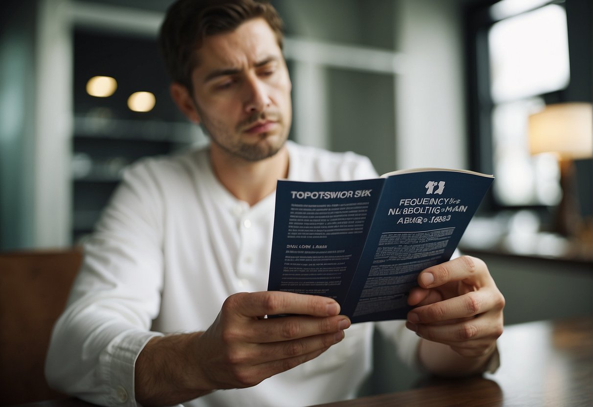 A person scratching their itchy, inflamed skin with a puzzled expression while reading a pamphlet titled "Frequently Asked Questions about atopic skin."