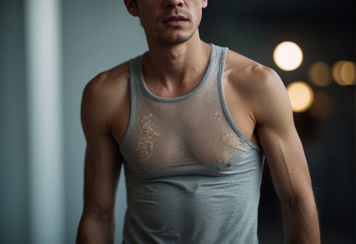 A person's skin is shown reacting to clothing, causing discomfort and pain