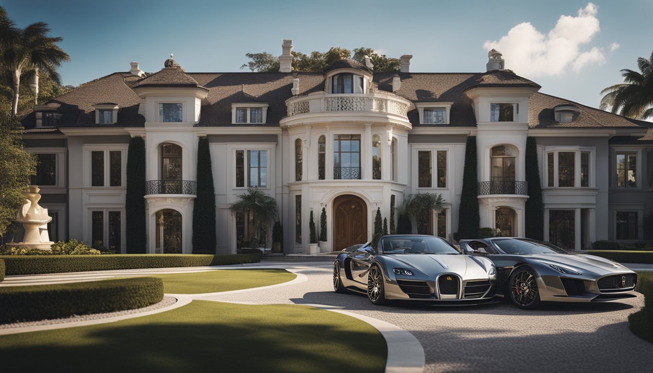 A lavish mansion with luxury cars parked outside, a private gym, and a trophy room filled with championship belts and awards