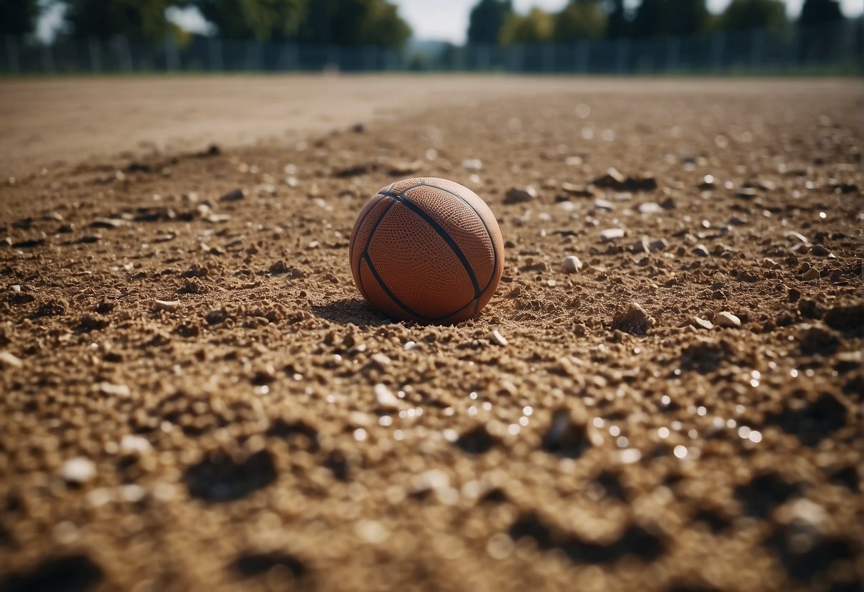 A flat, level area is cleared of debris and marked with boundary lines for a basketball court. Gravel and sand are spread and compacted to create a solid base