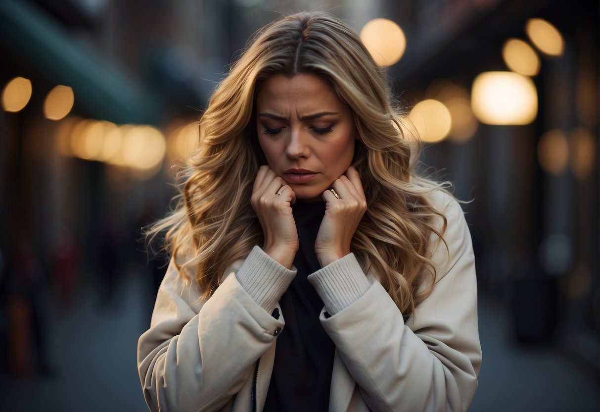 A person clutching their skin in discomfort while wearing clothes