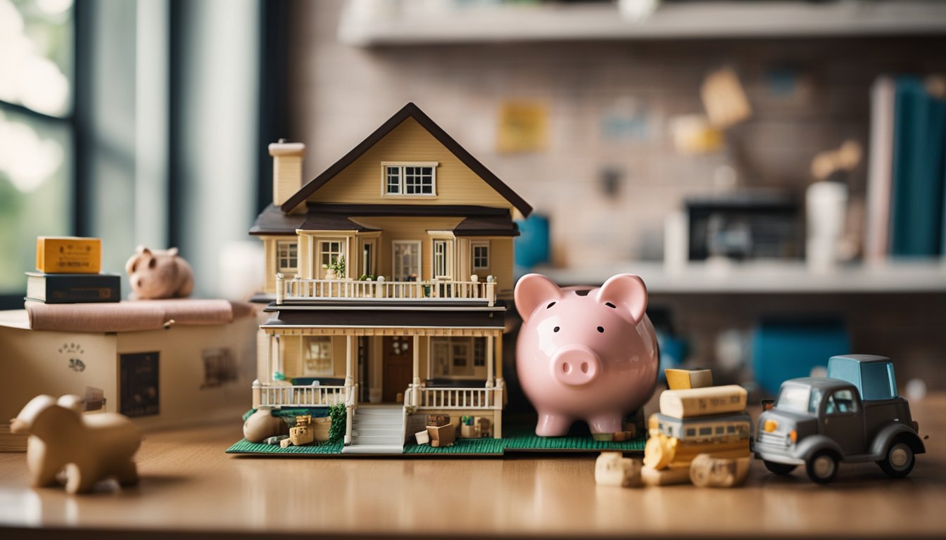 Bobby Lee's childhood home with toys and books scattered around, representing his humble beginnings. A piggy bank sits on a shelf, symbolizing his early financial struggles