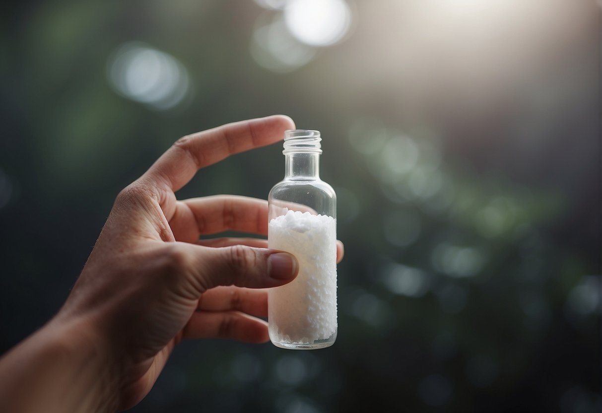 A hand reaching for a bottle of iodine, with a cotton swab nearby, on a clean and unblemished skin