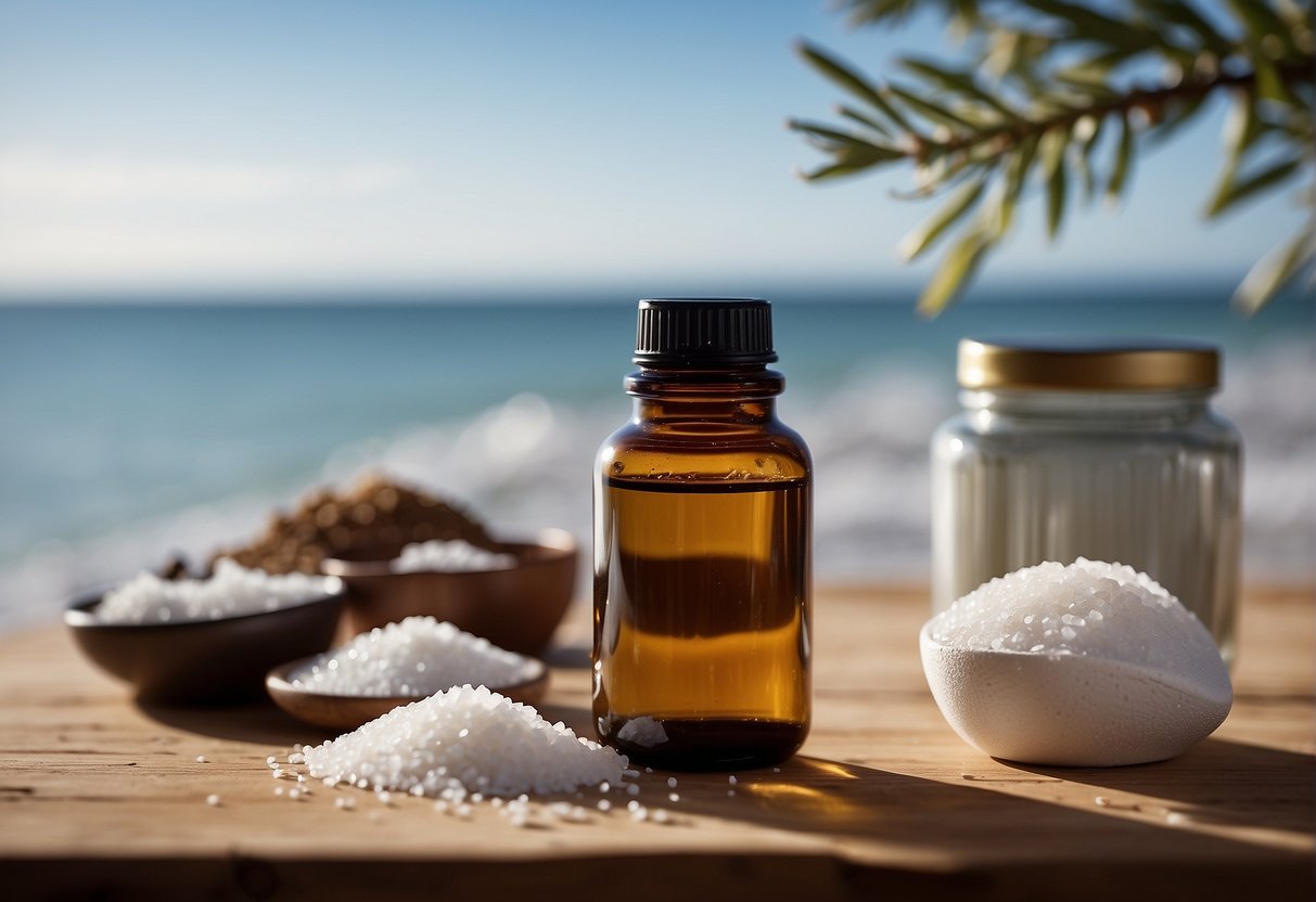 A bottle of iodine sits next to a jar of sea salt on a clean, white surface. The iodine is open, with a dropper placed on the rim, ready for use