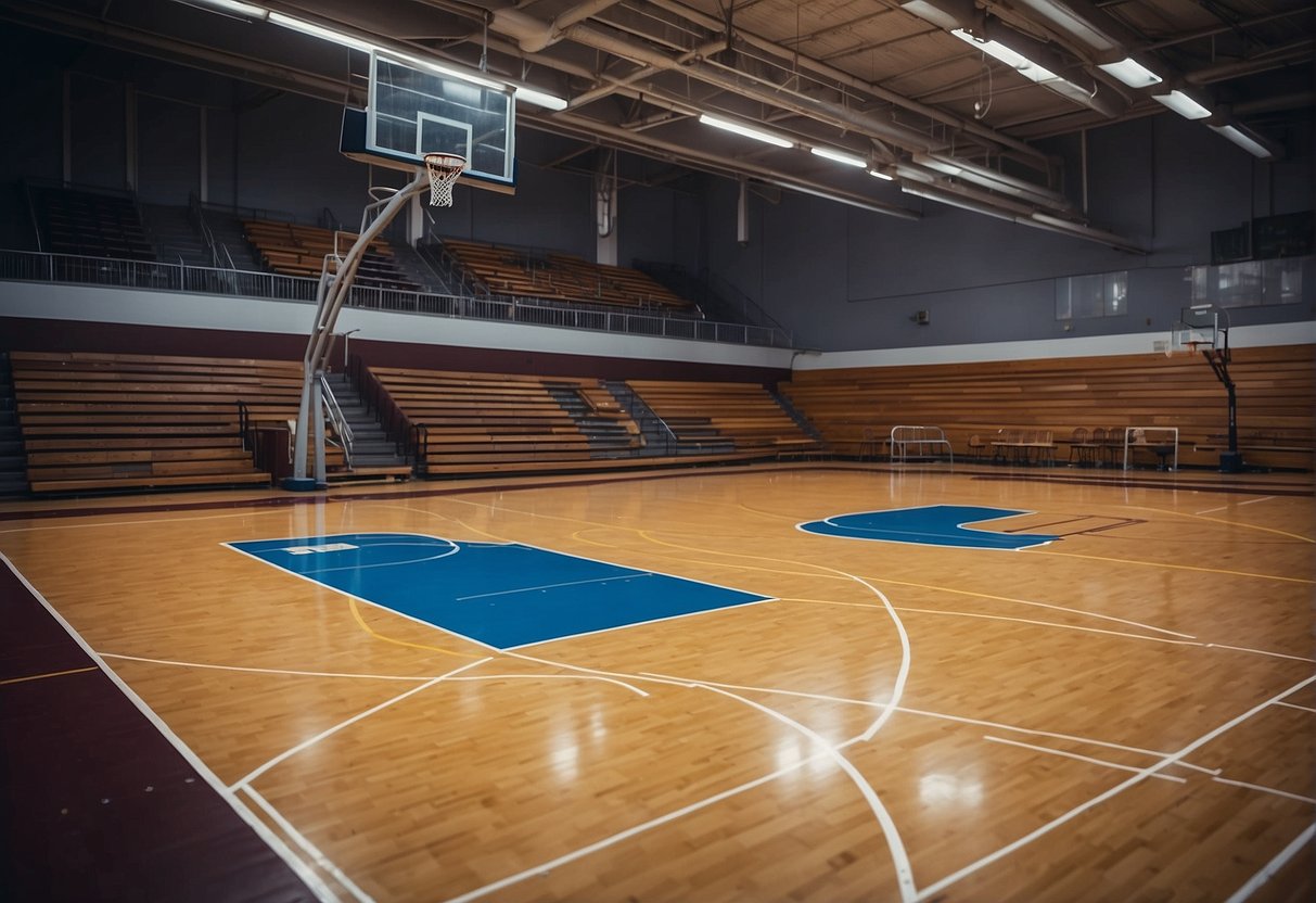 A regulation-sized basketball court with painted lines, hoops, backboards, and a scoreboard. Bleachers and team benches line the sidelines