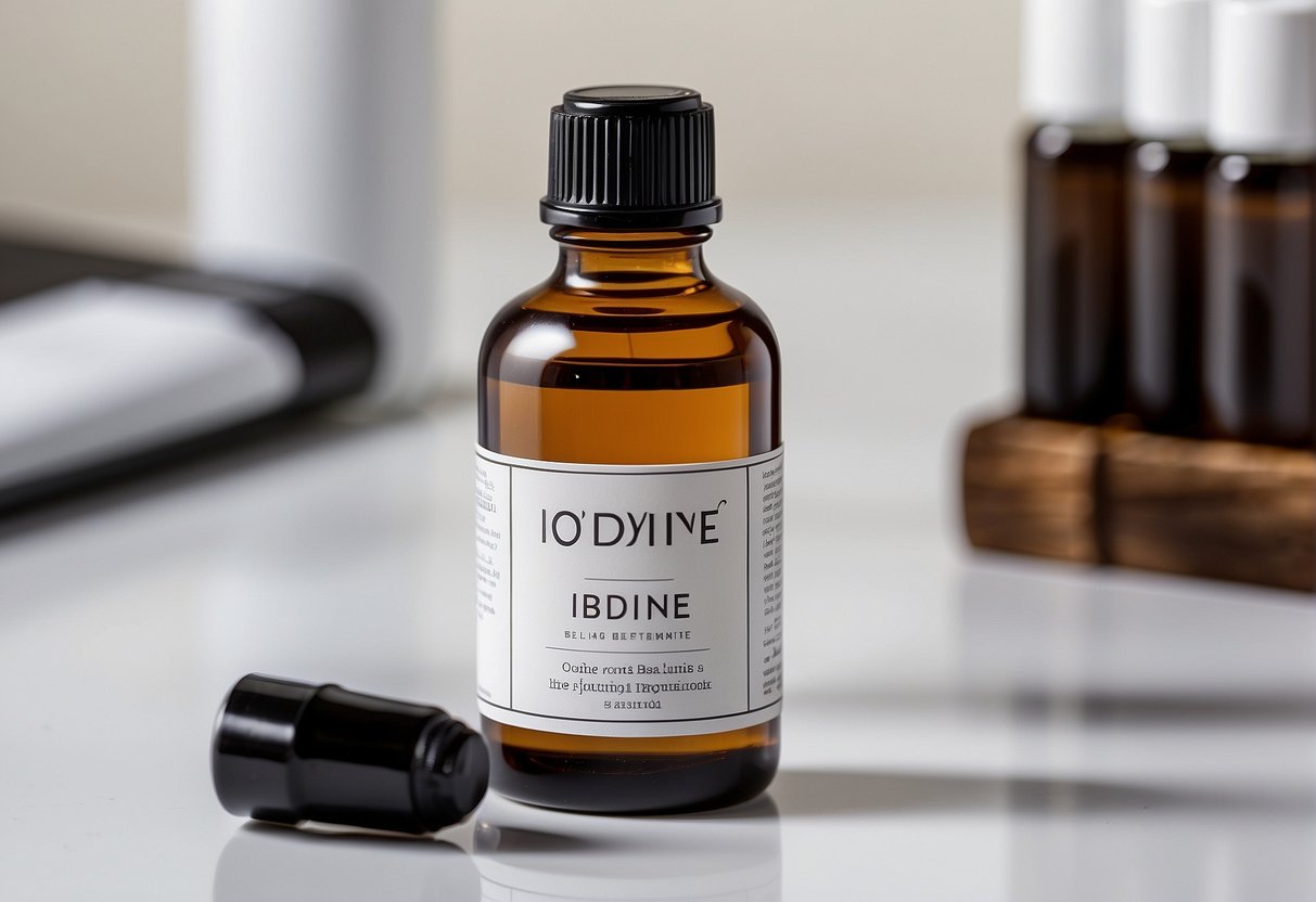 A bottle of iodine sitting on a clean, white surface with a dropper next to it, surrounded by various skin care products and a list of iodine sources and requirements