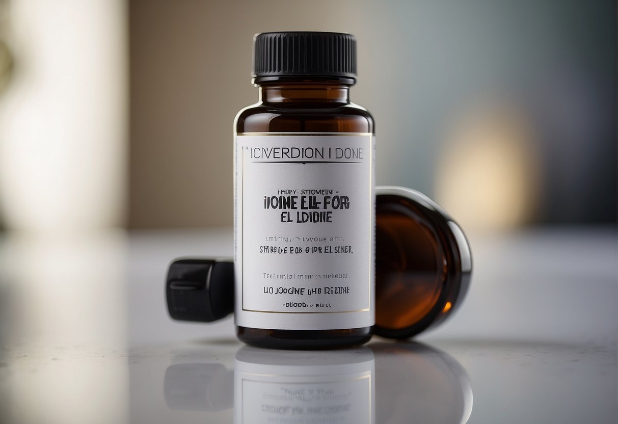 A bottle of iodine sits on a clean, white surface with a label that reads "Para que sirve el yodo en la piel" (What is iodine used for on the skin)